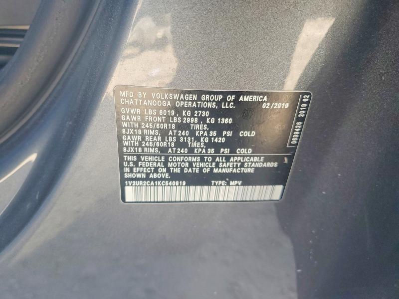 2019 Volkswagen Atlas Se მანქანა იყიდება აუქციონზე, vin: 1V2UR2CA1KC540819, აუქციონის ნომერი: 76546245