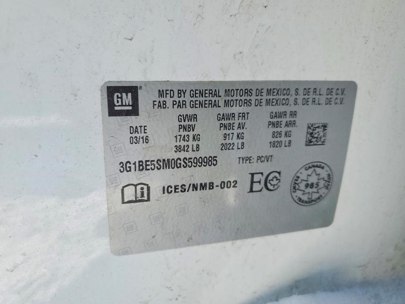 Продаж на аукціоні авто 2016 Chevrolet Cruze Lt, vin: 3G1BE5SM0GS599985, номер лоту: 75596665