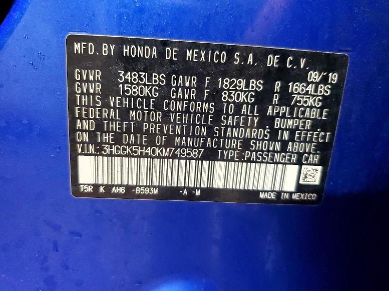 Продажа на аукционе авто 2019 Honda Fit, vin: 3HGGK5H40KM749587, номер лота: 77430135