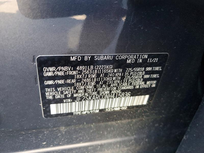 Aukcja sprzedaży 2022 Subaru Forester, vin: JF2SKARC0NH415836, numer aukcji: 79475765