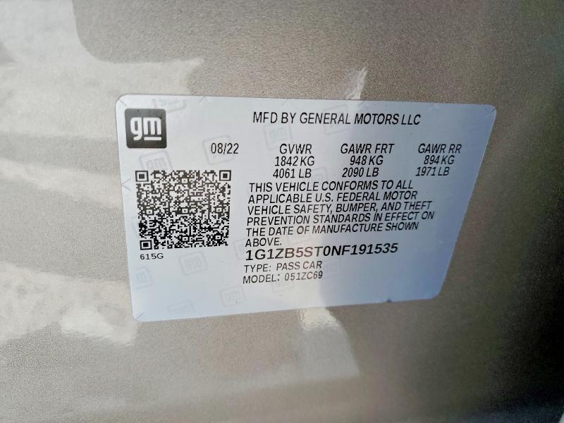 78338005 :رقم المزاد ، 1G1ZB5ST0NF191535 vin ، 2022 Chevrolet Malibu مزاد بيع