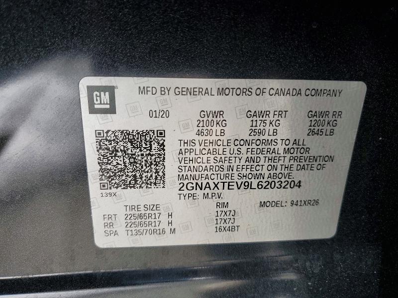 2020 Chevrolet Equinox მანქანა იყიდება აუქციონზე, vin: 2GNAXTEV9L6203204, აუქციონის ნომერი: 78225305