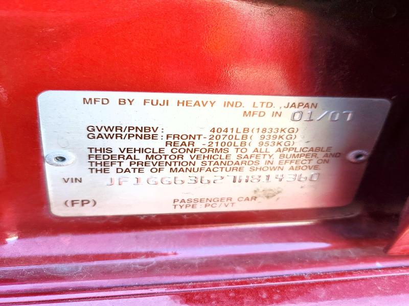 77619505 :رقم المزاد ، JF1GG63627H814360 vin ، 2007 Subaru Impreza مزاد بيع
