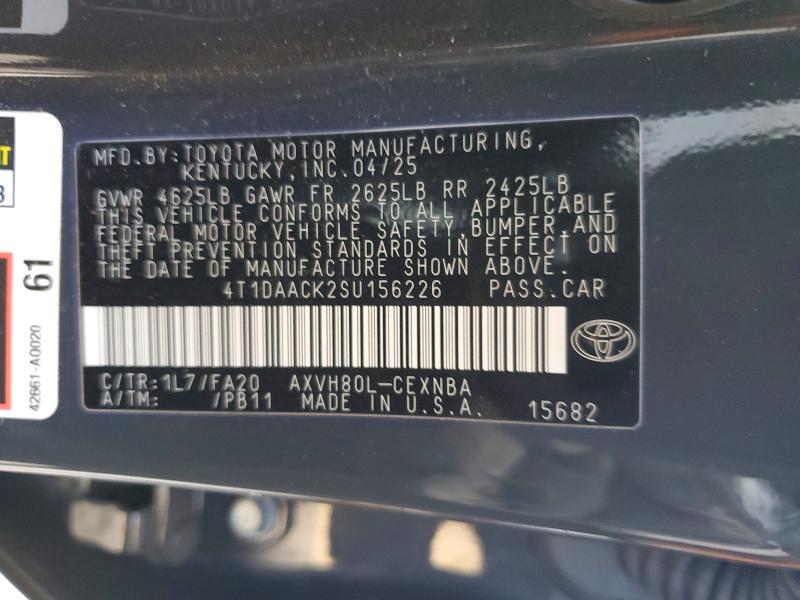 2025 Toyota Camry მანქანა იყიდება აუქციონზე, vin: 4T1DAACK2SU156226, აუქციონის ნომერი: 76963285