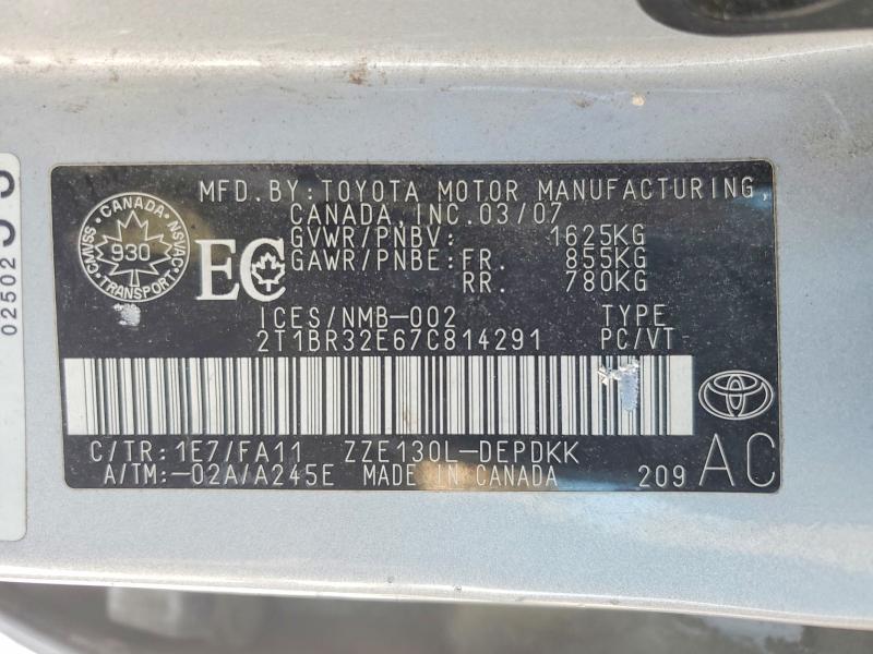 Aukcja sprzedaży 2007 Toyota Corolla, vin: 2T1BR32E67C814291, numer aukcji: 78826155