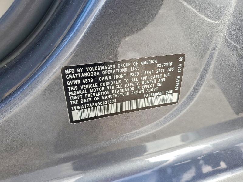 78330115 :رقم المزاد ، 1VWAT7A34GC036275 vin ، 2016 Volkswagen Passat مزاد بيع