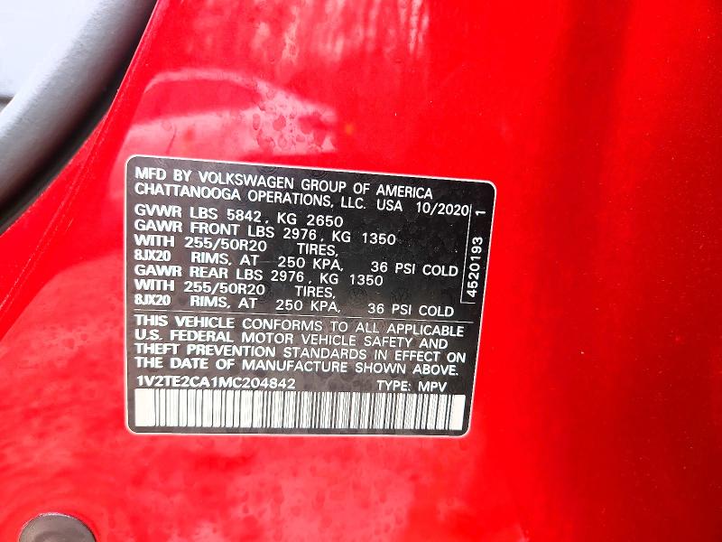 77744325 :رقم المزاد ، 1V2TE2CA1MC204842 vin ، 2021 Volkswagen Atlas Cross Sport مزاد بيع