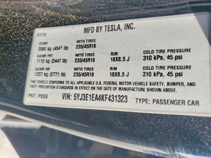 Продажа на аукционе авто 2019 Tesla Model 3, vin: 5YJ3E1EA4KF431323, номер лота: 79041065