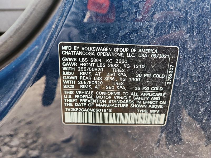 2022 Volkswagen Atlas მანქანა იყიდება აუქციონზე, vin: 1V2KP2CA0NC501818, აუქციონის ნომერი: 76897525