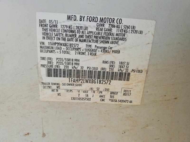 Продаж на аукціоні авто 2011 Ford Taurus, vin: 1FAHP2EWXBG182572, номер лоту: 75678275