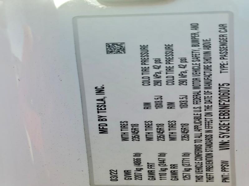 76545125 :رقم المزاد ، 5YJ3E1EB8NF206075 vin ، 2022 Tesla Model 3 مزاد بيع