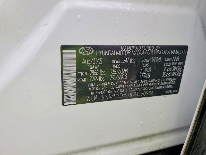 2022 Hyundai Santa Fe მანქანა იყიდება აუქციონზე, vin: 5NMS2DAJ1NH390986, აუქციონის ნომერი: 77767015