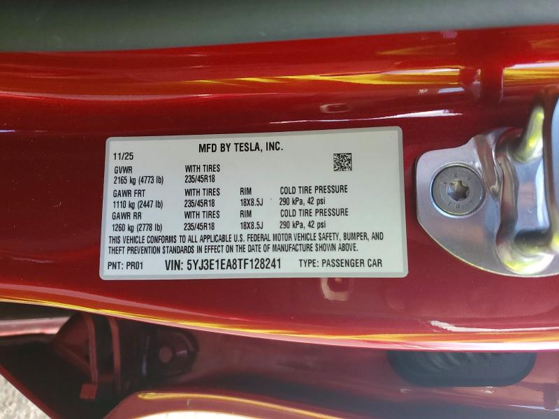 2026 Tesla Model 3 მანქანა იყიდება აუქციონზე, vin: 5YJ3E1EA8TF128241, აუქციონის ნომერი: 77694435