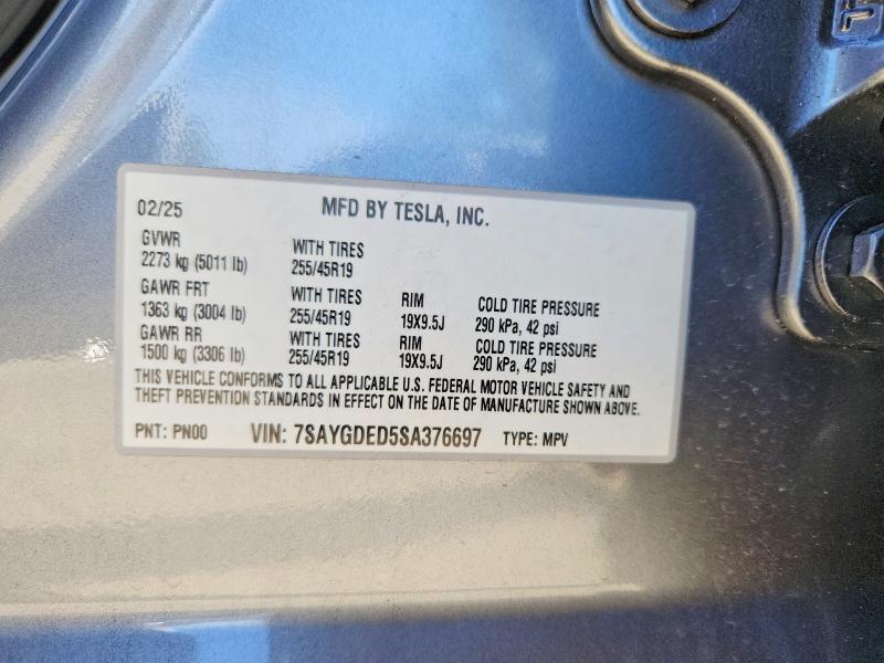 2025 Tesla Model Y მანქანა იყიდება აუქციონზე, vin: 7SAYGDED5SA376697, აუქციონის ნომერი: 79094525
