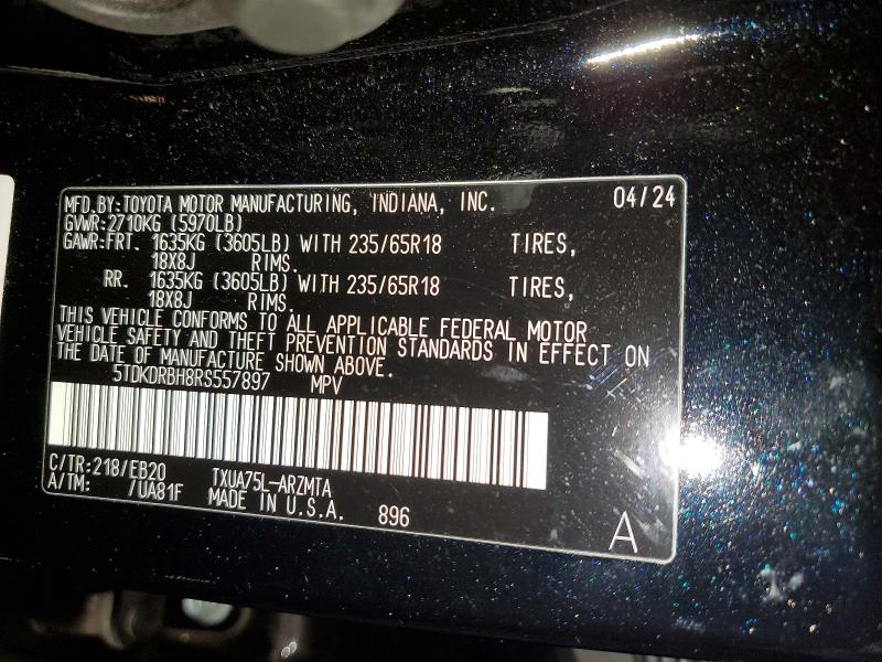 Продаж на аукціоні авто 2024 Toyota Highlander, vin: 5TDKDRBH8RS557897, номер лоту: 75228865