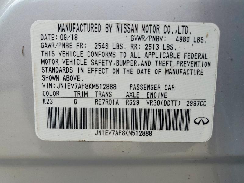 77838965 :رقم المزاد ، JN1EV7AP8KM512888 vin ، 2019 Infiniti Q50 مزاد بيع