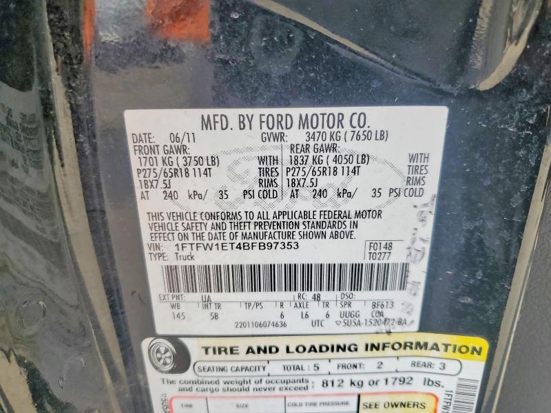 76531855 :رقم المزاد ، 1FTFW1ET4BFB97353 vin ، 2011 Ford F150 مزاد بيع