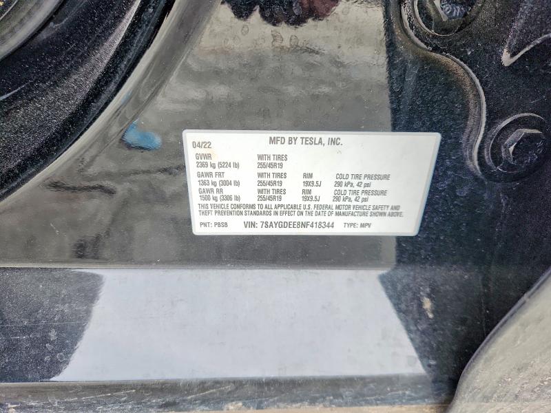 2022 Tesla Model Y მანქანა იყიდება აუქციონზე, vin: 7SAYGDEE8NF418344, აუქციონის ნომერი: 77193235