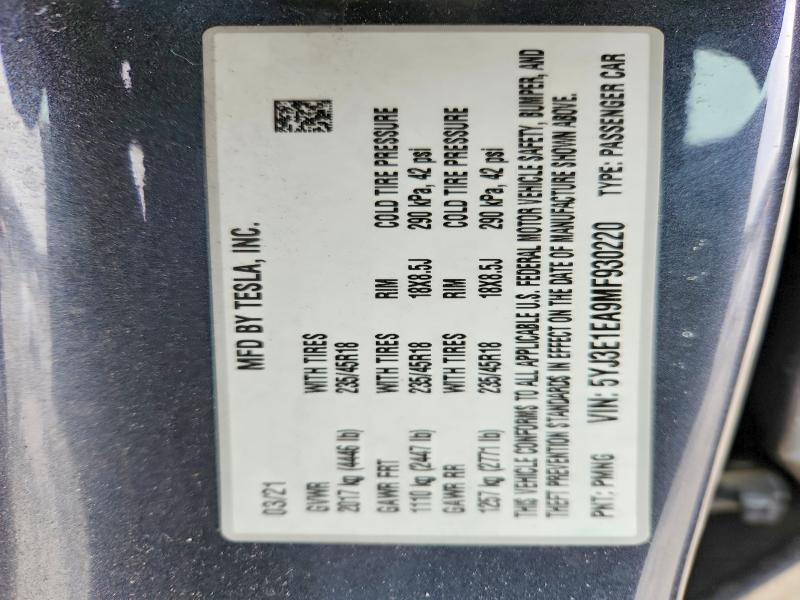 75028155 :رقم المزاد ، 5YJ3E1EA9MF930220 vin ، 2021 Tesla Model 3 مزاد بيع
