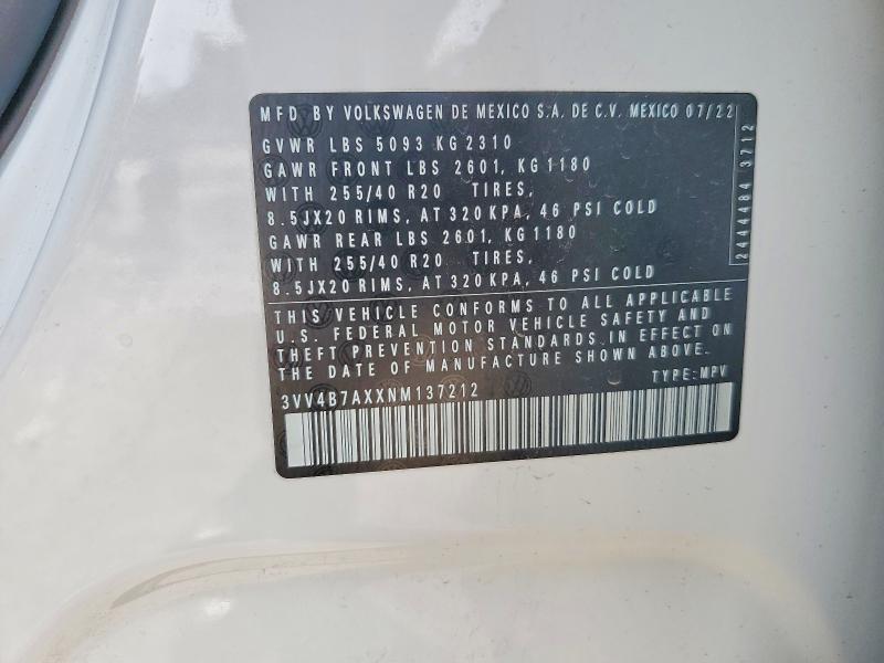 2022 Volkswagen Tiguan მანქანა იყიდება აუქციონზე, vin: 3VV4B7AXXNM137212, აუქციონის ნომერი: 77075285