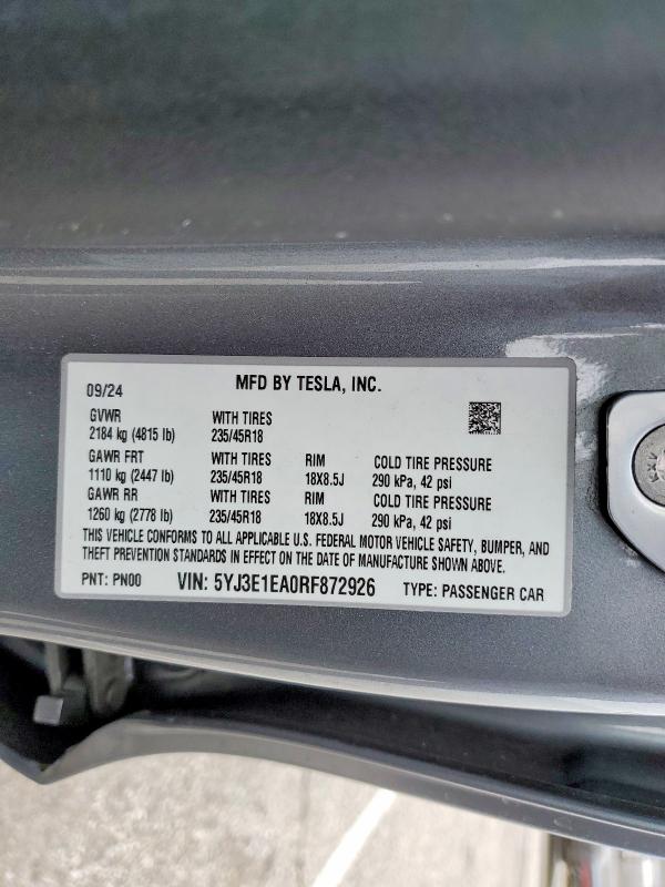 78115415 :رقم المزاد ، 5YJ3E1EA0RF872926 vin ، 2024 Tesla Model 3 مزاد بيع