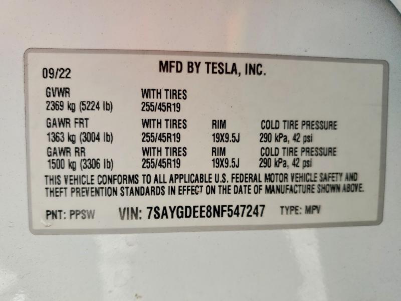 Продажа на аукционе авто 2022 Tesla Model Y, vin: 7SAYGDEE8NF547247, номер лота: 78896715