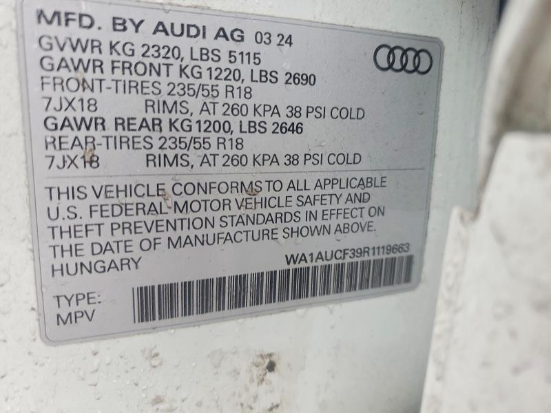 2024 Audi Q3 მანქანა იყიდება აუქციონზე, vin: WA1AUCF39R1119663, აუქციონის ნომერი: 78033585