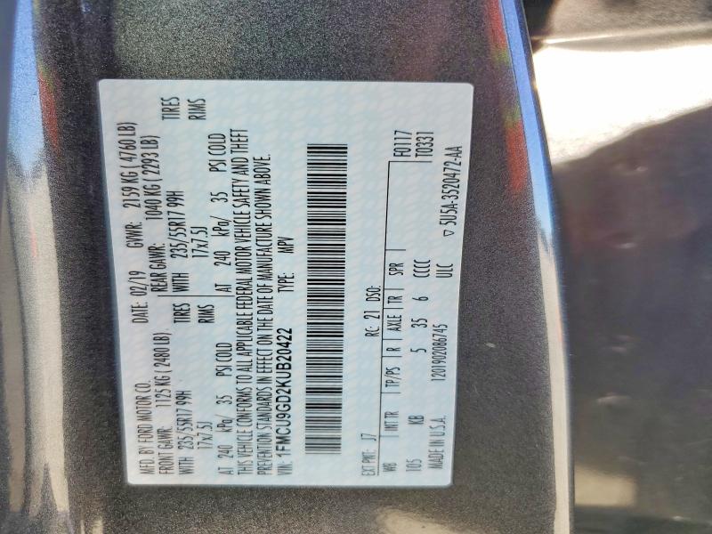 Aukcja sprzedaży 2019 Ford Escape, vin: 1FMCU9GD2KUB20422, numer aukcji: 77702545