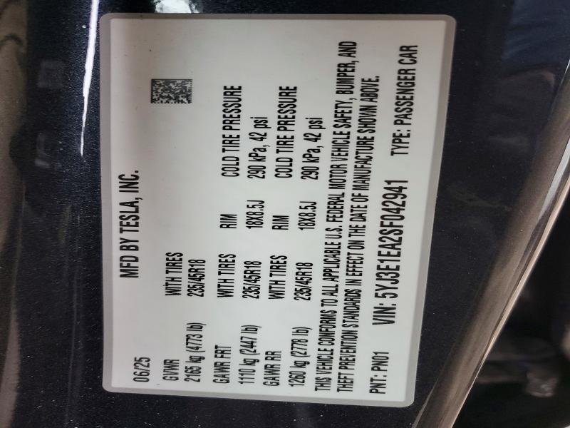 2025 Tesla Model 3 მანქანა იყიდება აუქციონზე, vin: 5YJ3E1EA2SF042941, აუქციონის ნომერი: 75774705