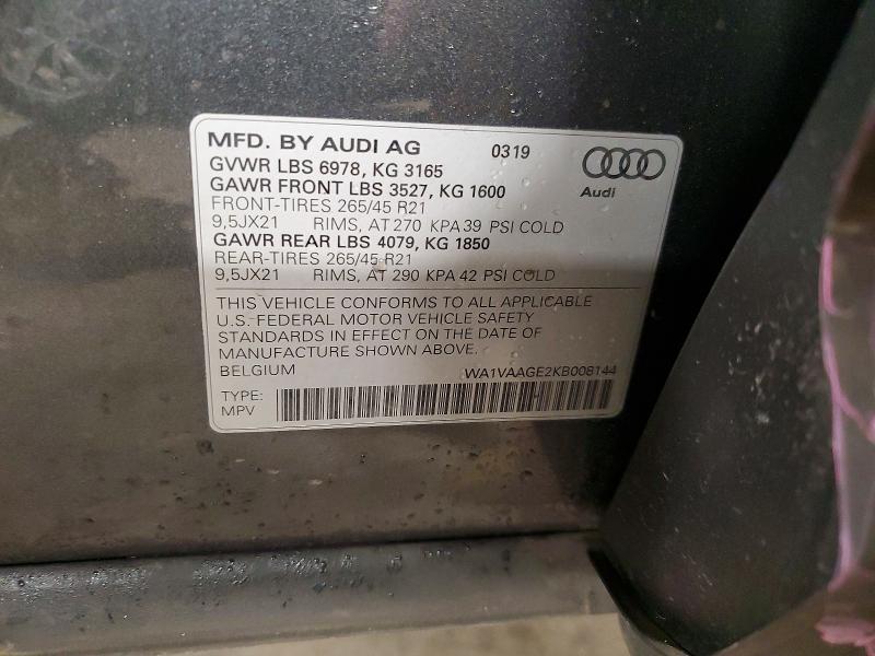 Aukcja sprzedaży 2019 Audi E-tron, vin: WA1VAAGE2KB008144, numer aukcji: 78084515