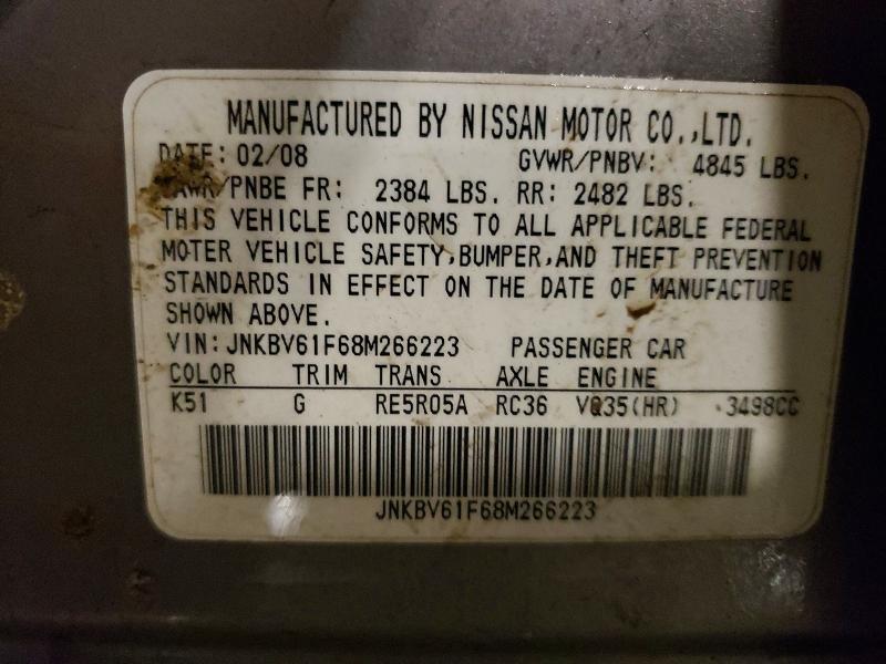 2008 Infiniti G35 მანქანა იყიდება აუქციონზე, vin: JNKBV61F68M266223, აუქციონის ნომერი: 76761525