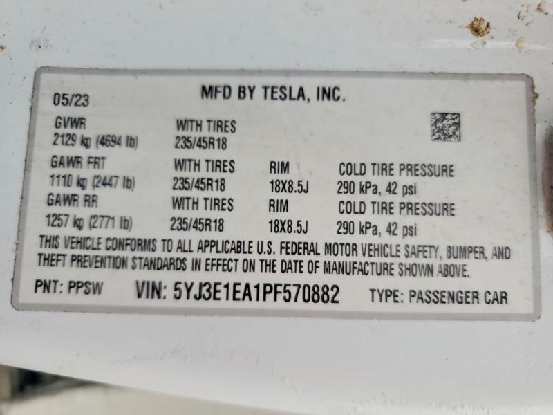76264625 :رقم المزاد ، 5YJ3E1EA1PF570882 vin ، 2023 Tesla Model 3 مزاد بيع