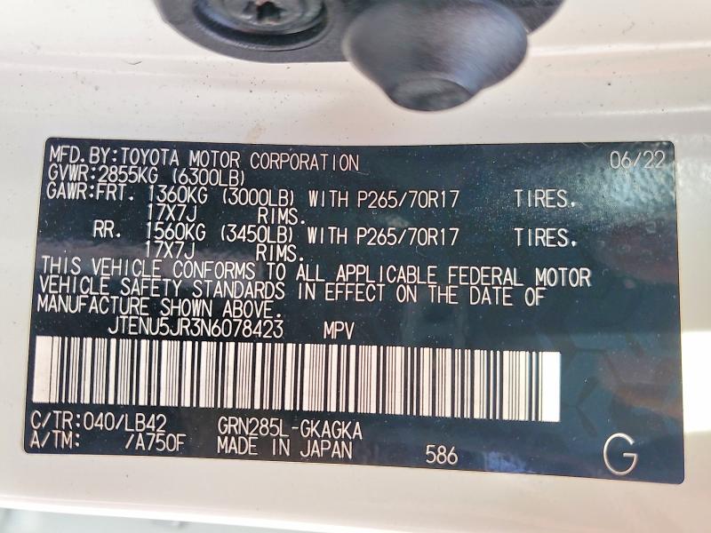 76610525 :رقم المزاد ، JTENU5JR3N6078423 vin ، 2022 Toyota 4runner مزاد بيع