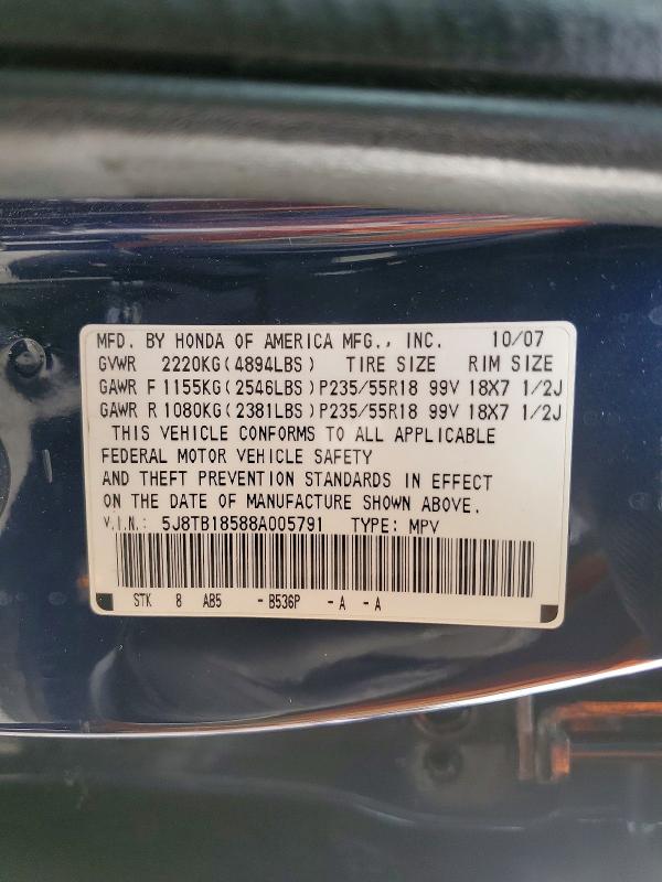 Aukcja sprzedaży 2008 Acura Rdx, vin: 5J8TB18588A005791, numer aukcji: 77492145