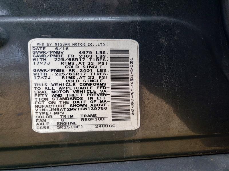 77779175 :رقم المزاد ، JN8AT2MV1GW139756 vin ، 2016 Nissan Rogue مزاد بيع
