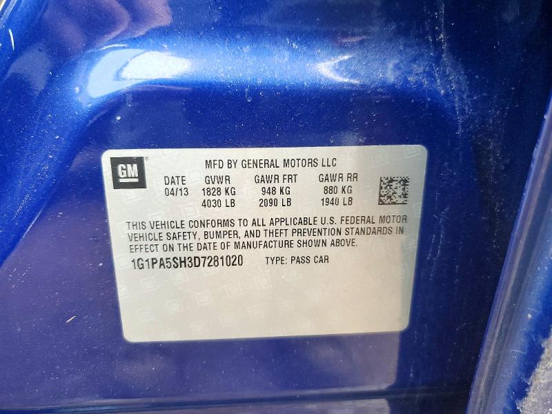 Продаж на аукціоні авто 2013 Chevrolet Cruze, vin: 1G1PA5SH3D7281020, номер лоту: 77853095