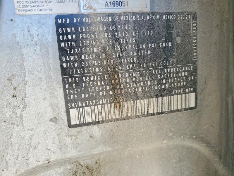 2024 Volkswagen Tiguan მანქანა იყიდება აუქციონზე, vin: 3VVNB7AX3RM100531, აუქციონის ნომერი: 79094845