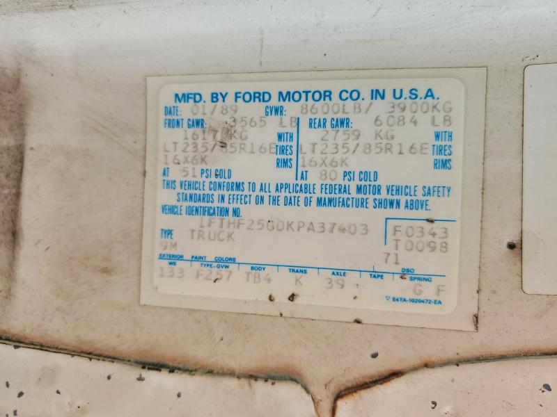 75625175 :رقم المزاد ، 1FTHF25G0KPA37403 vin ، 1989 Ford F250 مزاد بيع