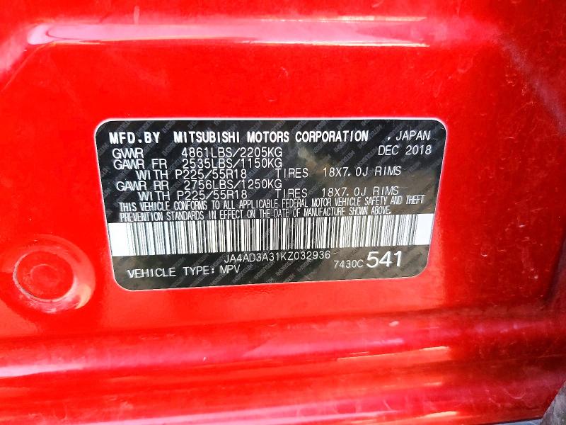 Продаж на аукціоні авто 2019 Mitsubishi Outlander, vin: JA4AD3A31KZ032936, номер лоту: 76823195