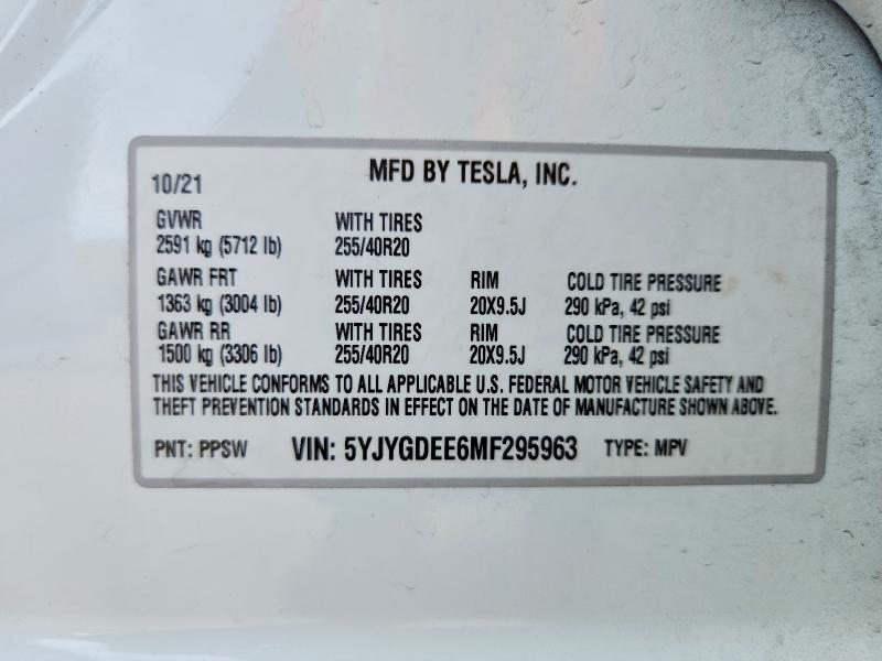 Aukcja sprzedaży 2021 Tesla Model Y, vin: 5YJYGDEE6MF295963, numer aukcji: 75180285