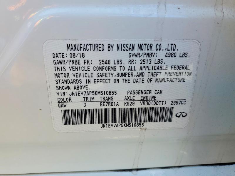 2019 Infiniti Q50 მანქანა იყიდება აუქციონზე, vin: JN1EV7AP5KM510855, აუქციონის ნომერი: 76779875
