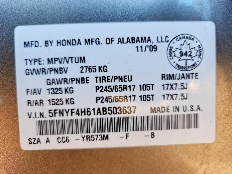 Aukcja sprzedaży 2010 Honda Pilot, vin: 5FNYF4H61AB503637, numer aukcji: 75228565