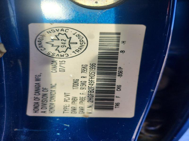 Aukcja sprzedaży 2015 Honda Civic, vin: 2HGFB2F49FH051996, numer aukcji: 72494015
