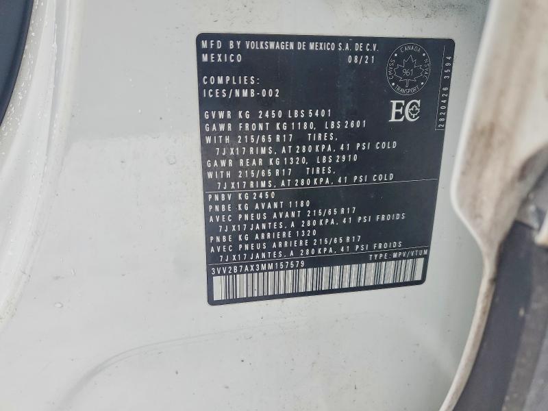 Aukcja sprzedaży 2021 Volkswagen Tiguan, vin: 3VV2B7AX3MM157579, numer aukcji: 75743095