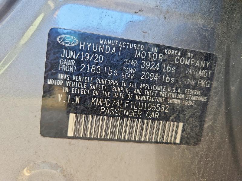 2020 Hyundai Elantra მანქანა იყიდება აუქციონზე, vin: KMHD74LF1LU105532, აუქციონის ნომერი: 97930595