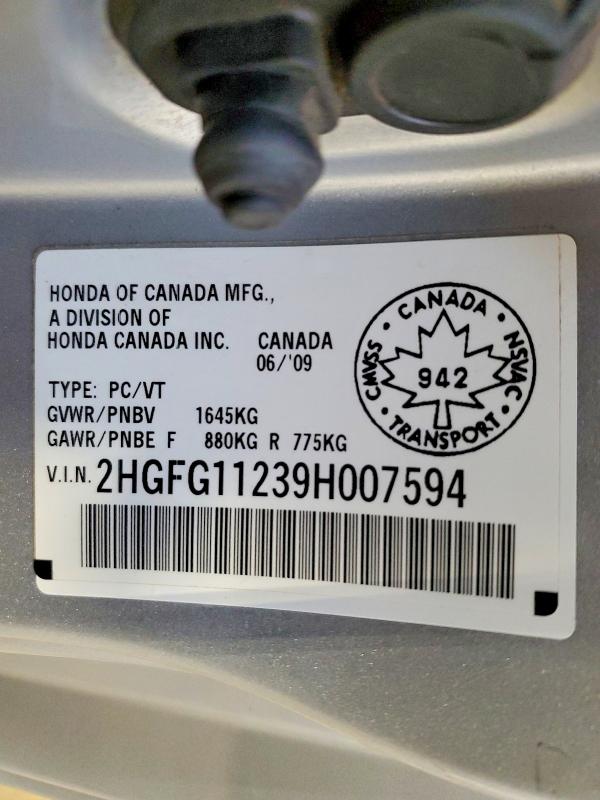 76786865 :رقم المزاد ، 2HGFG11239H007594 vin ، 2009 Honda Civic مزاد بيع