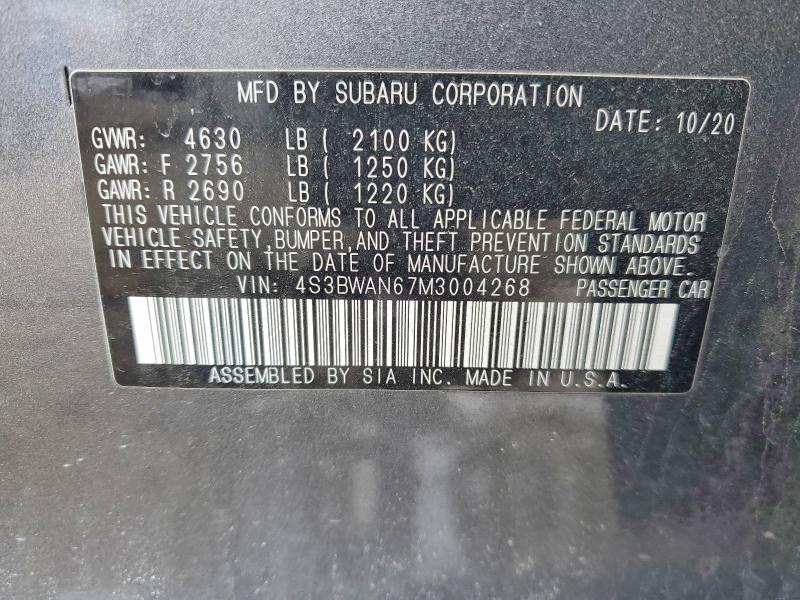 78632915 :رقم المزاد ، 4S3BWAN67M3004268 vin ، 2021 Subaru Legacy مزاد بيع