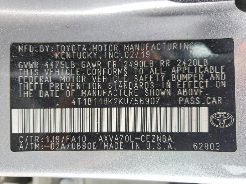 76042515 :رقم المزاد ، 4T1B11HK2KU756907 vin ، 2019 Toyota Camry مزاد بيع