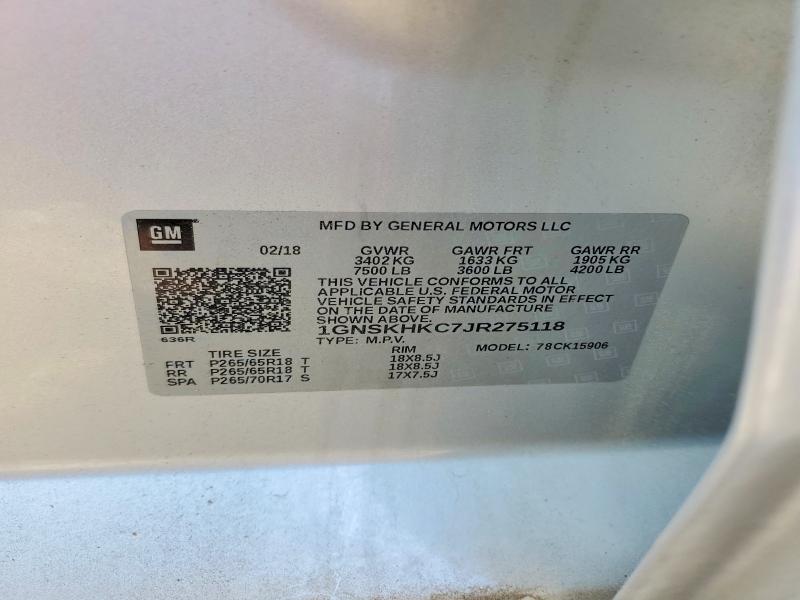 2018 Chevrolet Suburban K მანქანა იყიდება აუქციონზე, vin: 1GNSKHKC7JR275118, აუქციონის ნომერი: 75050185