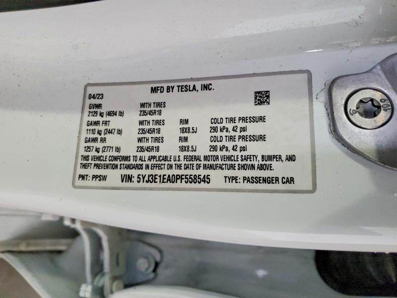 2023 Tesla Model 3 მანქანა იყიდება აუქციონზე, vin: 5YJ3E1EA0PF558545, აუქციონის ნომერი: 78176465